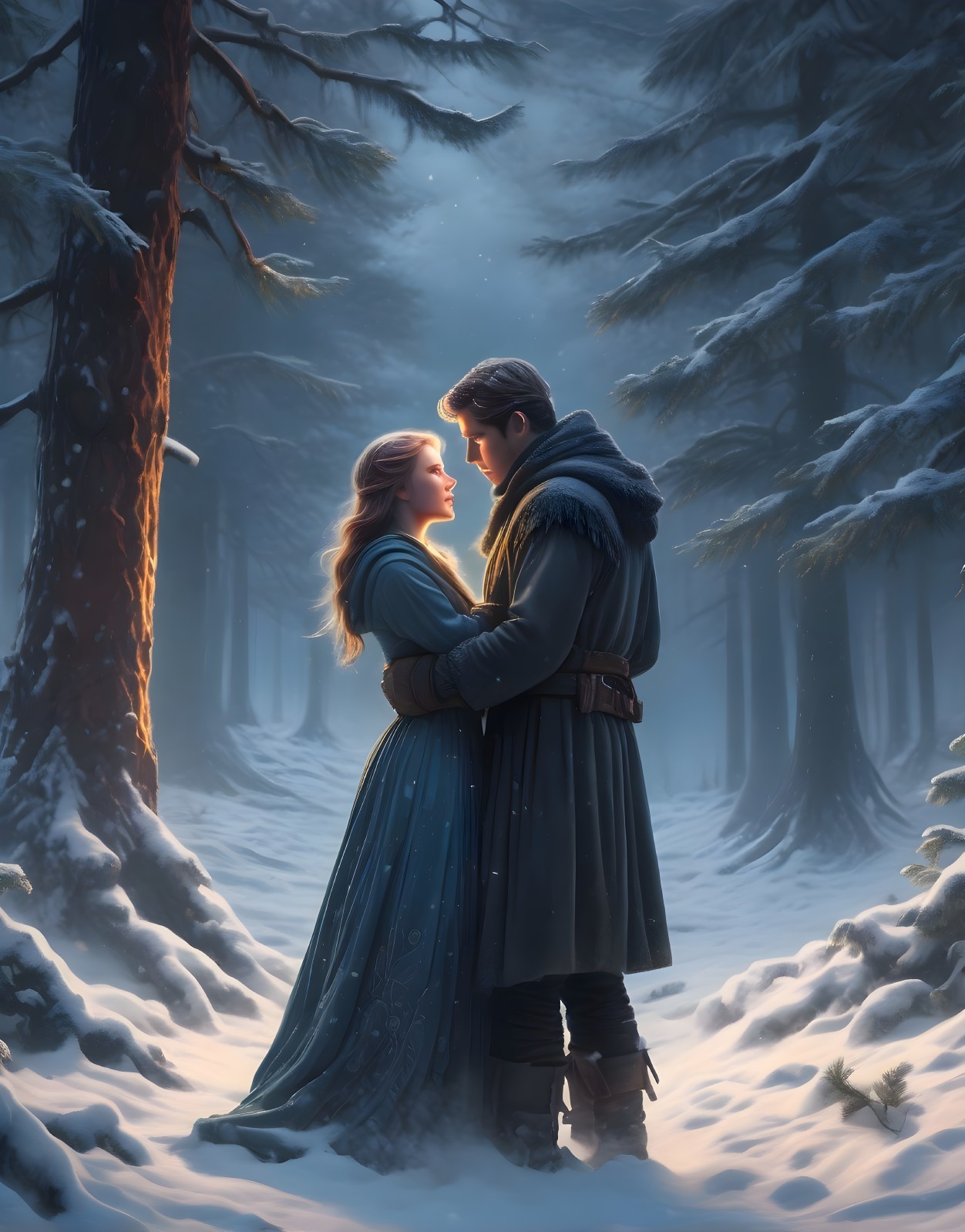 Medieval-themed embrace in snowy forest with soft light.