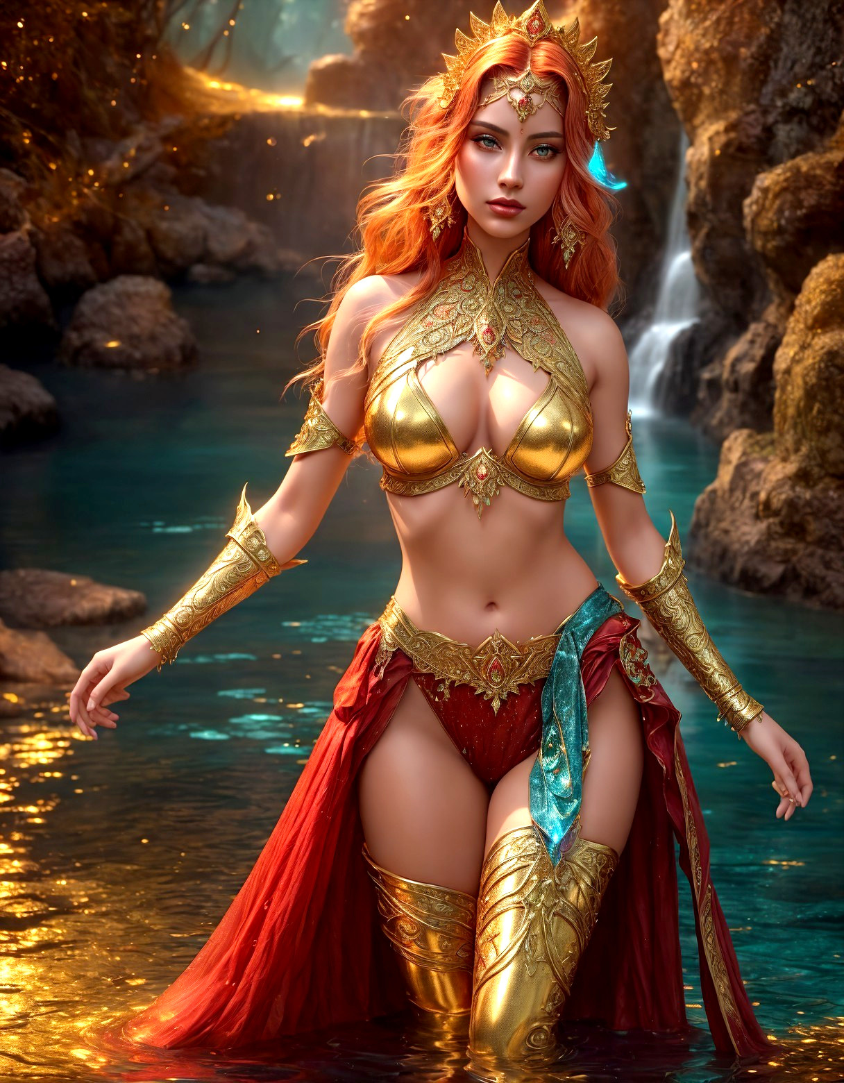 Red-haired female fantasy character in ornate golden armor by forest stream
