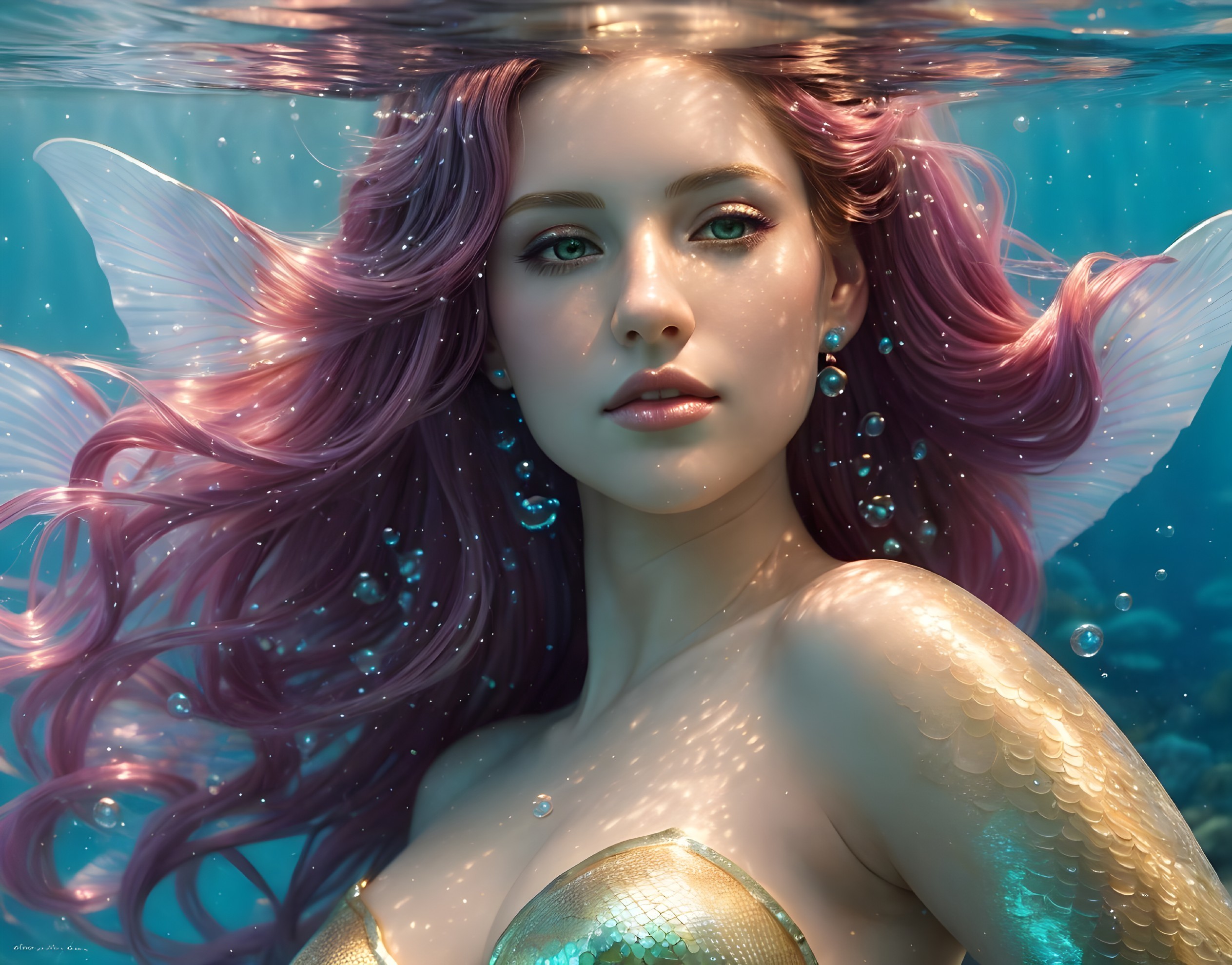 Mermaid with Pink Hair, Emerald Eyes, and Shimmering Scales in Water