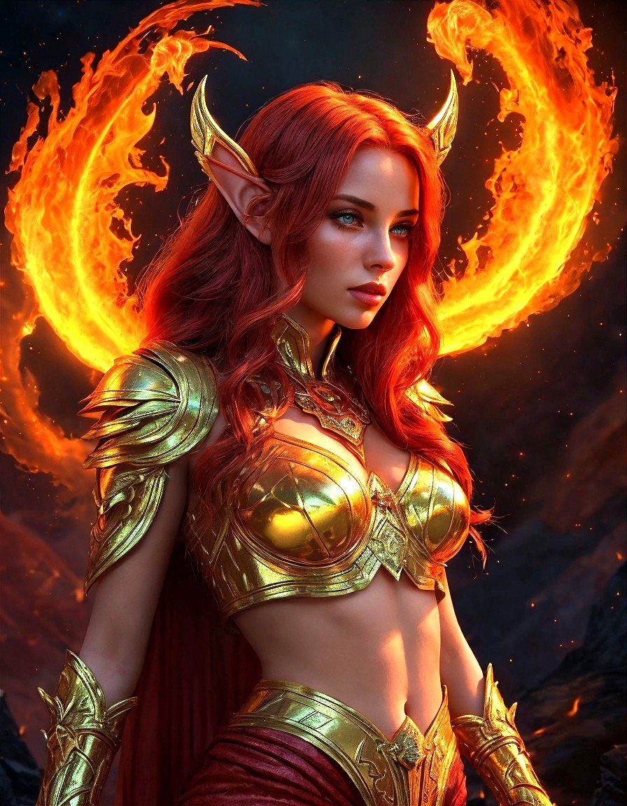 Red-haired elf woman in golden armor against fiery backdrop