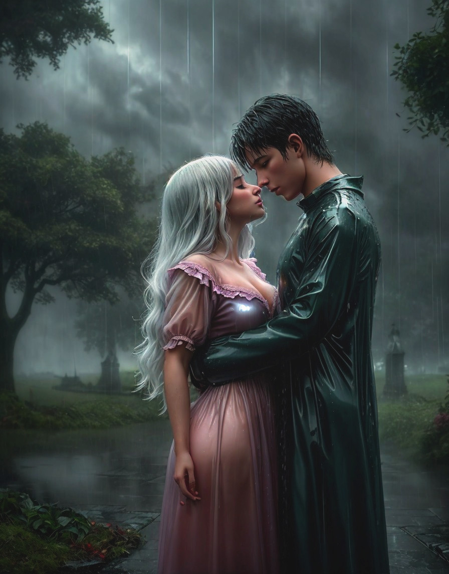 Couple embracing in misty forest with silver-haired woman and dark-haired man in period clothing