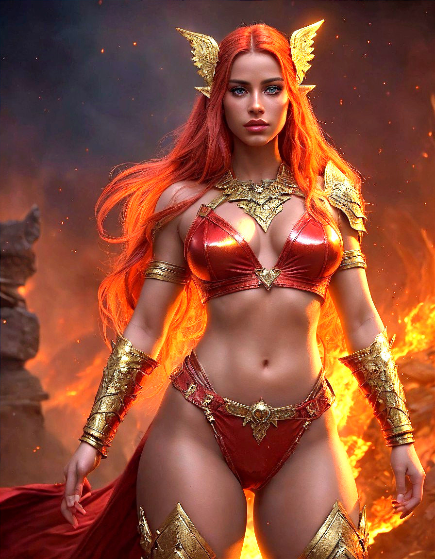 Detailed Fantasy Warrior Costume with Gold and Red Armor and Fiery Background