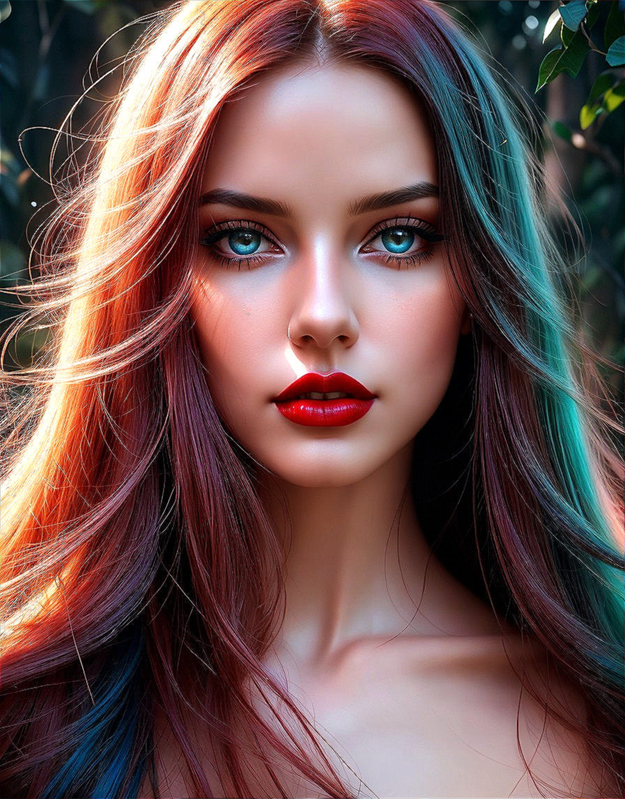Colorful portrait of a woman with multicolored hair and green eyes