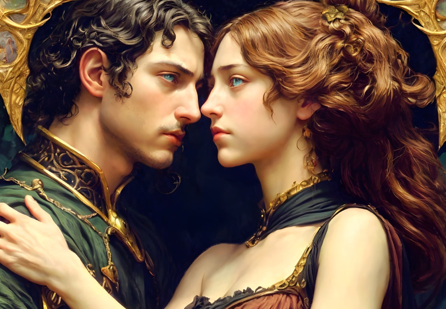 Intricately dressed man and woman in intimate interaction