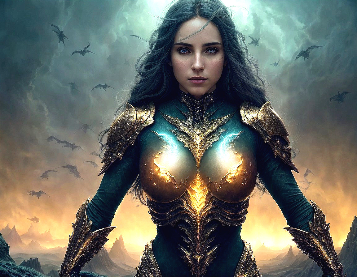 Golden-armored warrior woman with dragons in stormy sky and mountains