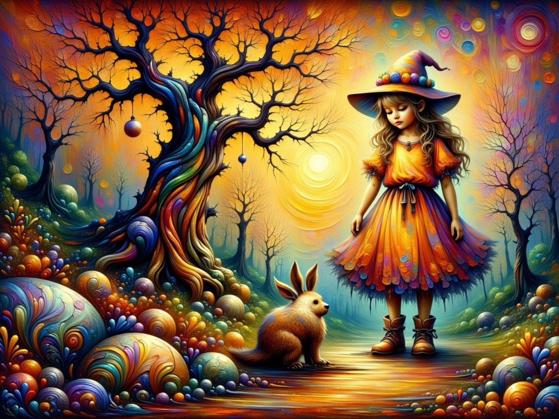 Surreal Landscape with Girl, Rabbit, and Orbs