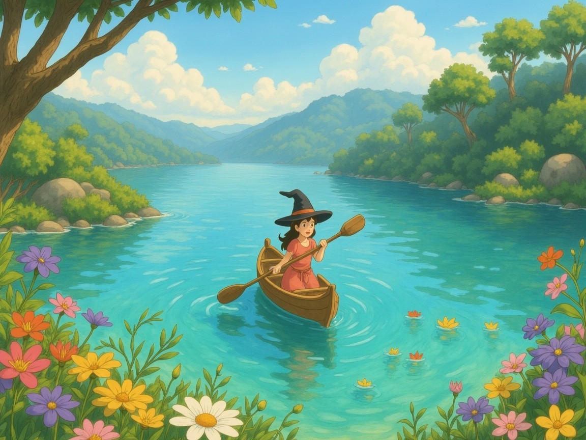 Young witch in pink dress on serene lake boat