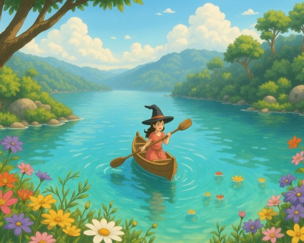 Young witch in pink dress on serene lake boat