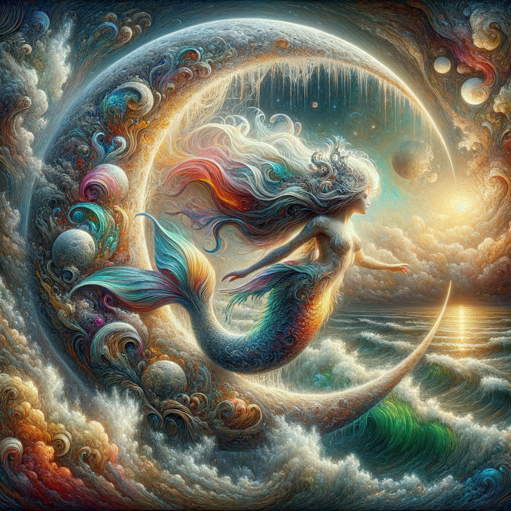 Mermaid Swimming Under Crescent Moon in Night Sky