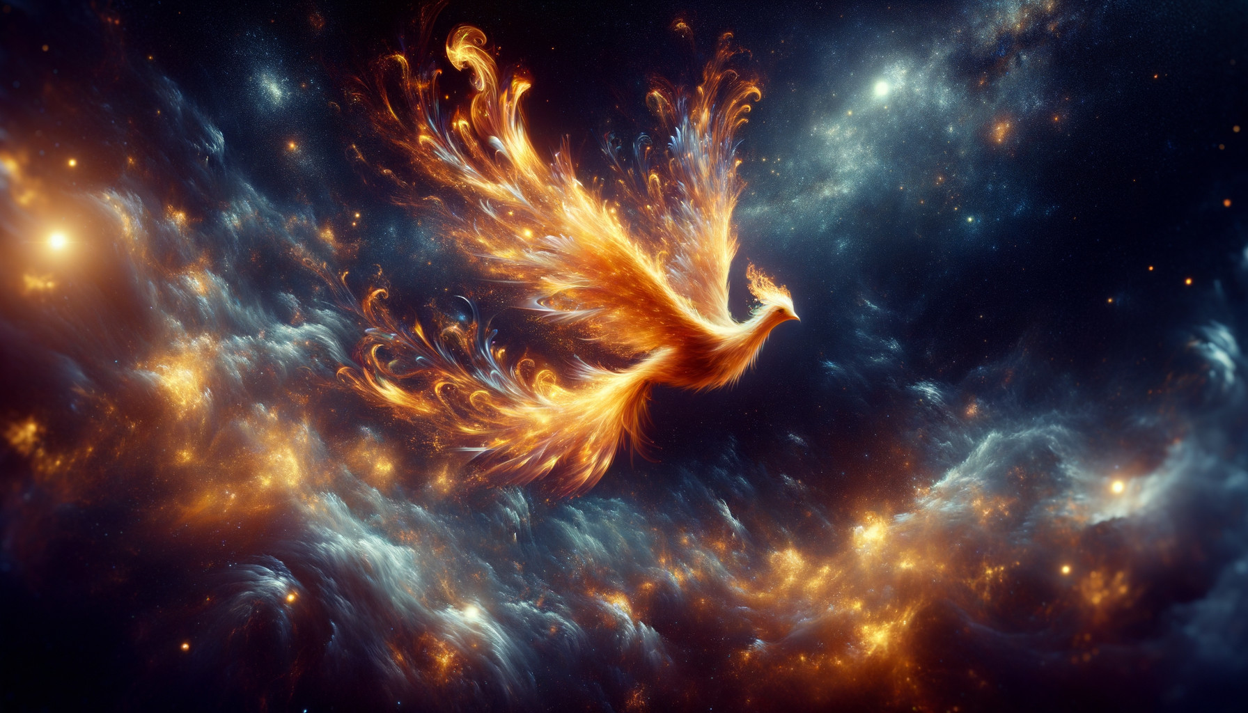 Colorful Phoenix Flying in Starry Sky Artwork