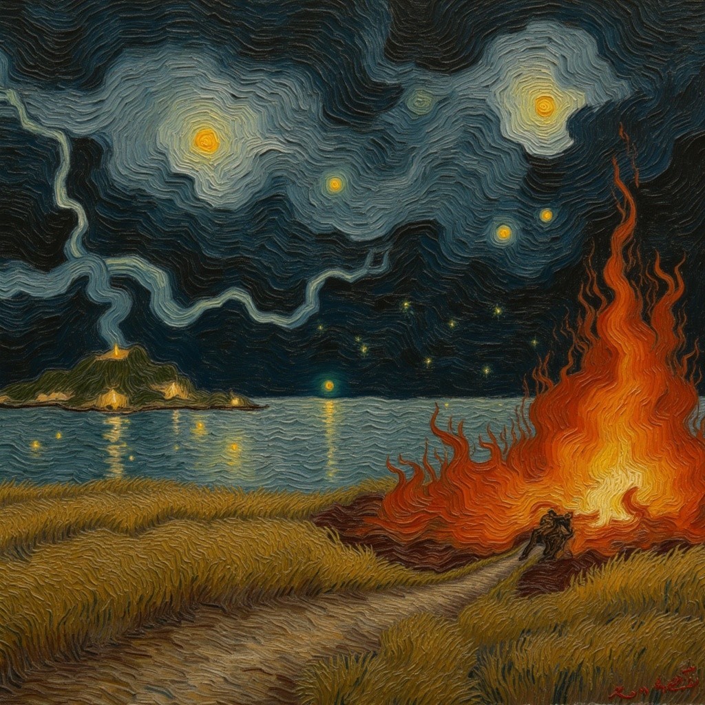 Vibrant Night Landscape with Fire and Moonlight
