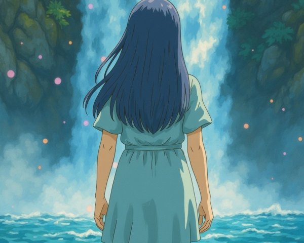 Girl in Shallow Water by Majestic Waterfall