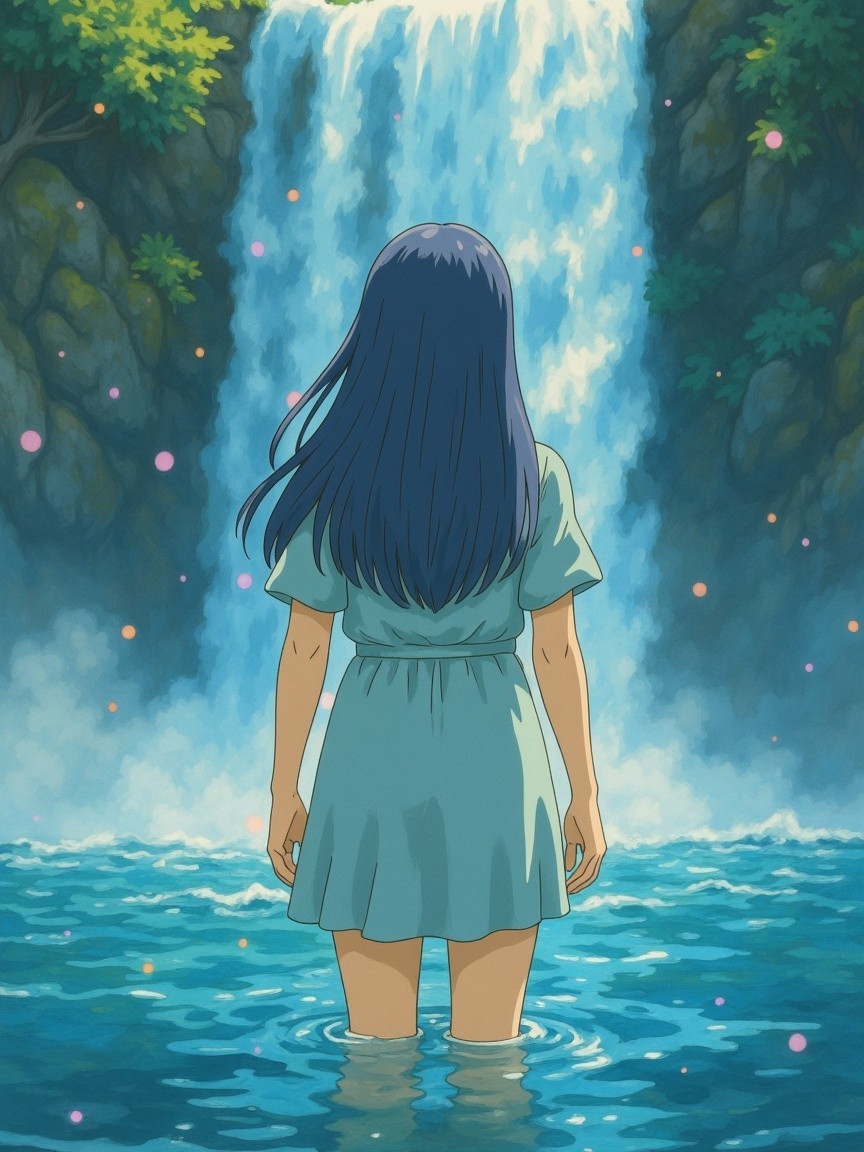 Girl in Shallow Water by Majestic Waterfall