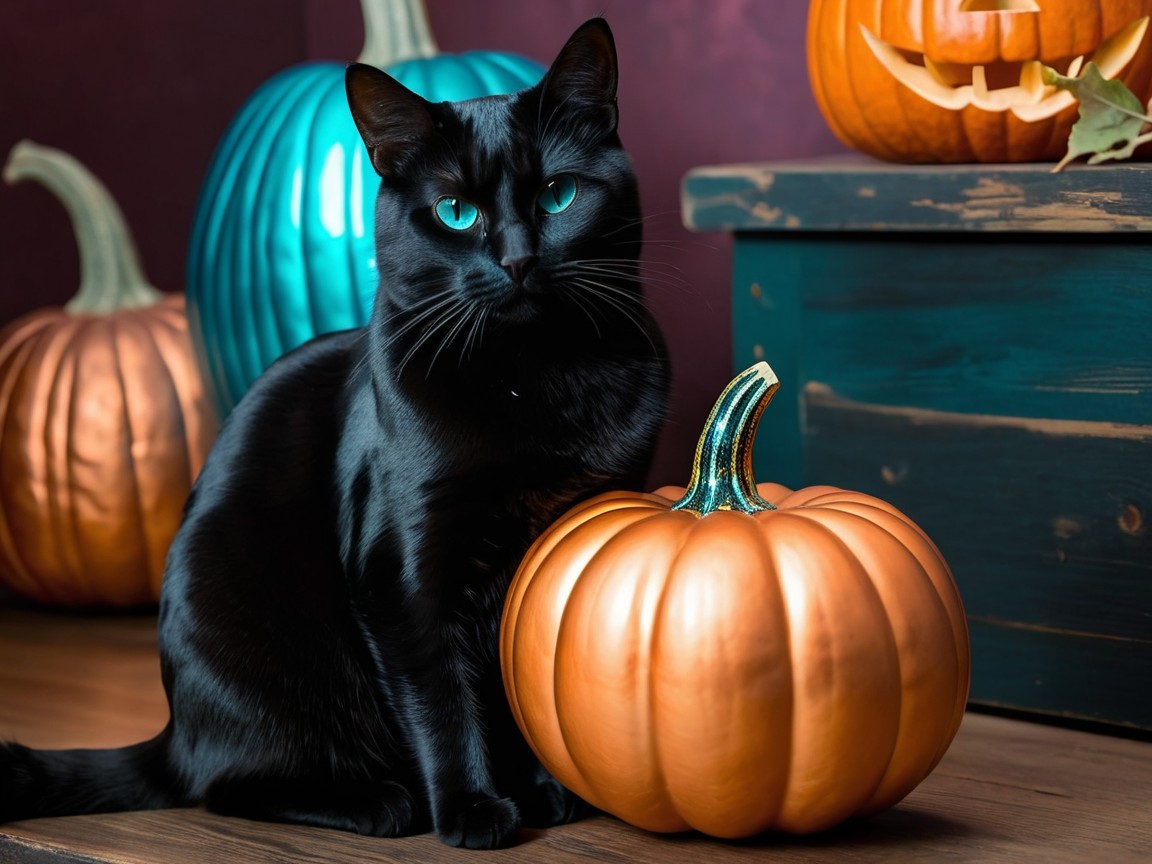 Black Cat and Colorful Pumpkins in Autumn Setting