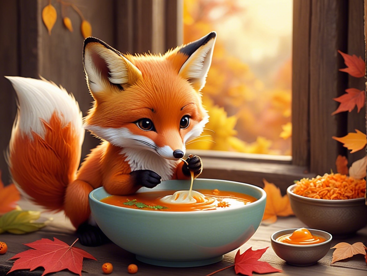 Fluffy orange fox beside steaming noodles in cozy setting
