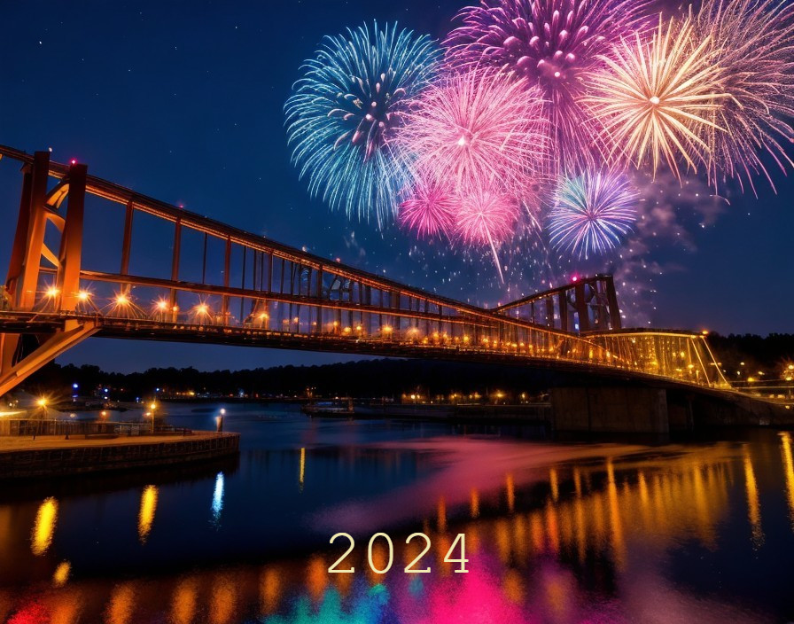 Colorful fireworks illuminate bridge over calm river at night with "2024" displayed prominently