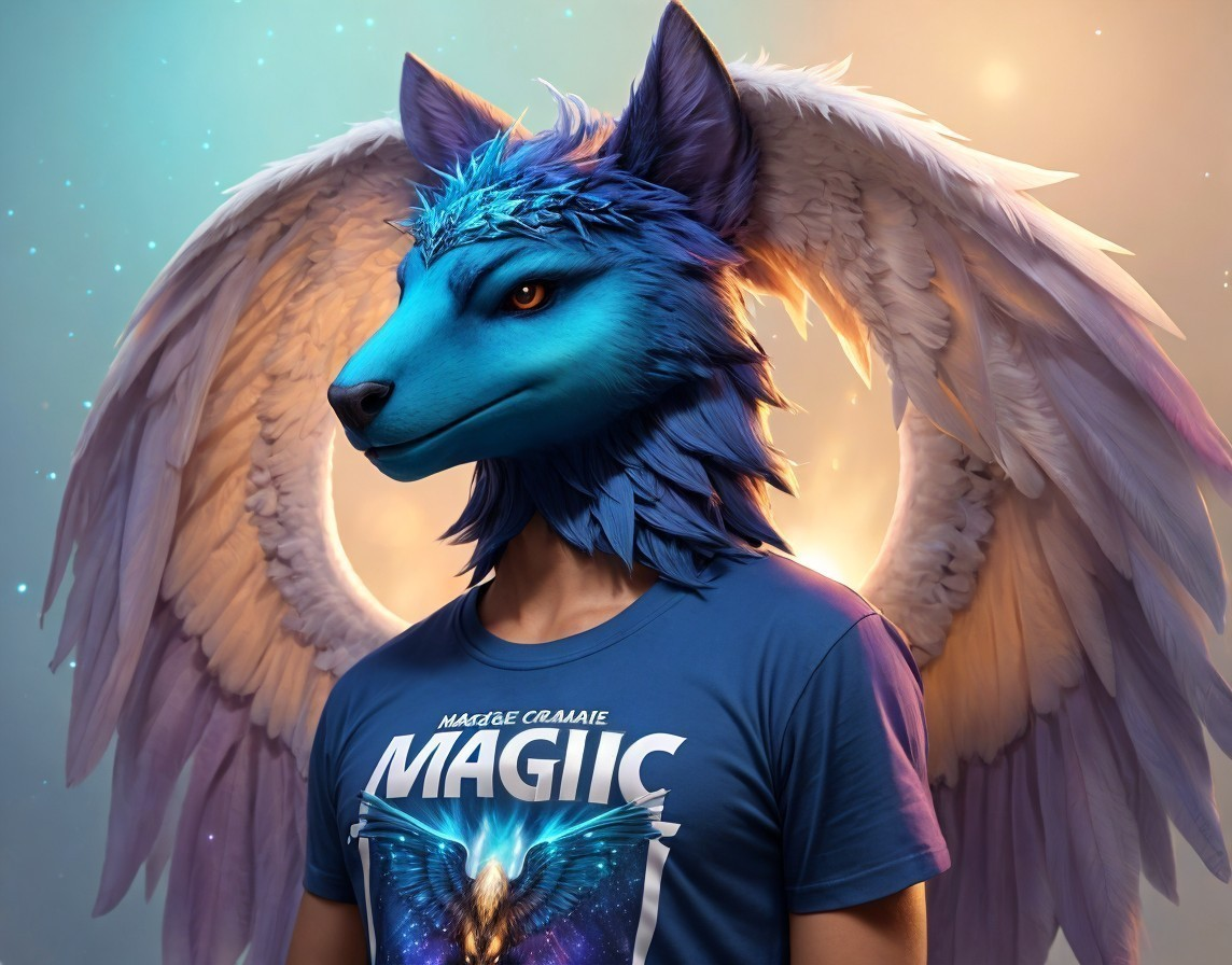 Vibrant Blue Fox Mask Character with Ethereal Wings