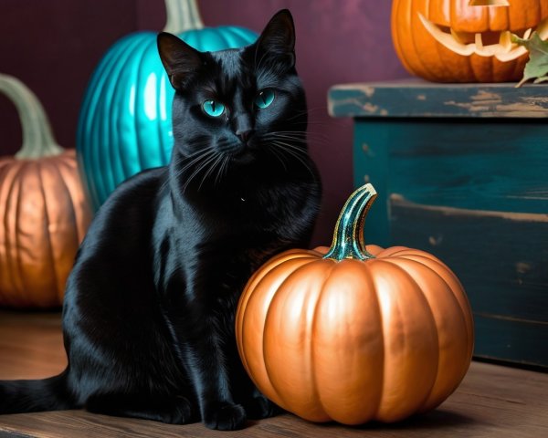 Black Cat and Colorful Pumpkins in Autumn Setting