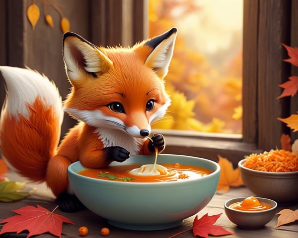 Fluffy orange fox beside steaming noodles in cozy setting