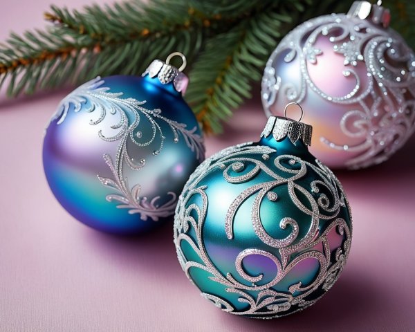 Iridescent Christmas Ornaments with Silver Filigree Designs