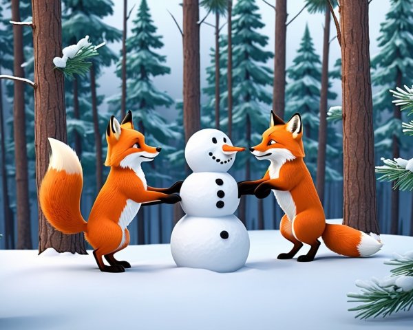Chibi-style foxes building a snowman in a forest