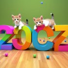 Fluffy Orange and White Tabby Kittens on Colorful Numbers