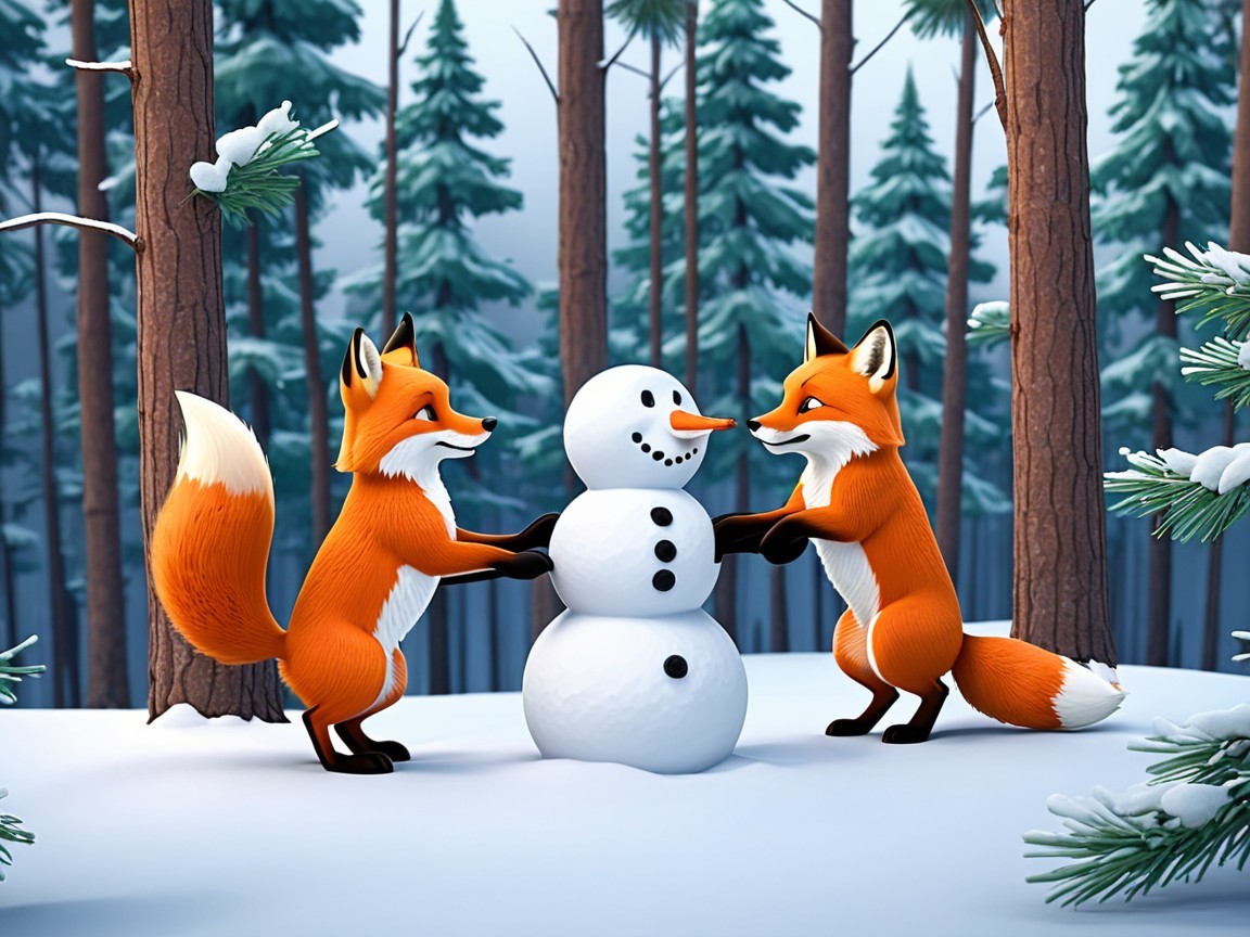 Chibi-style foxes building a snowman in a forest