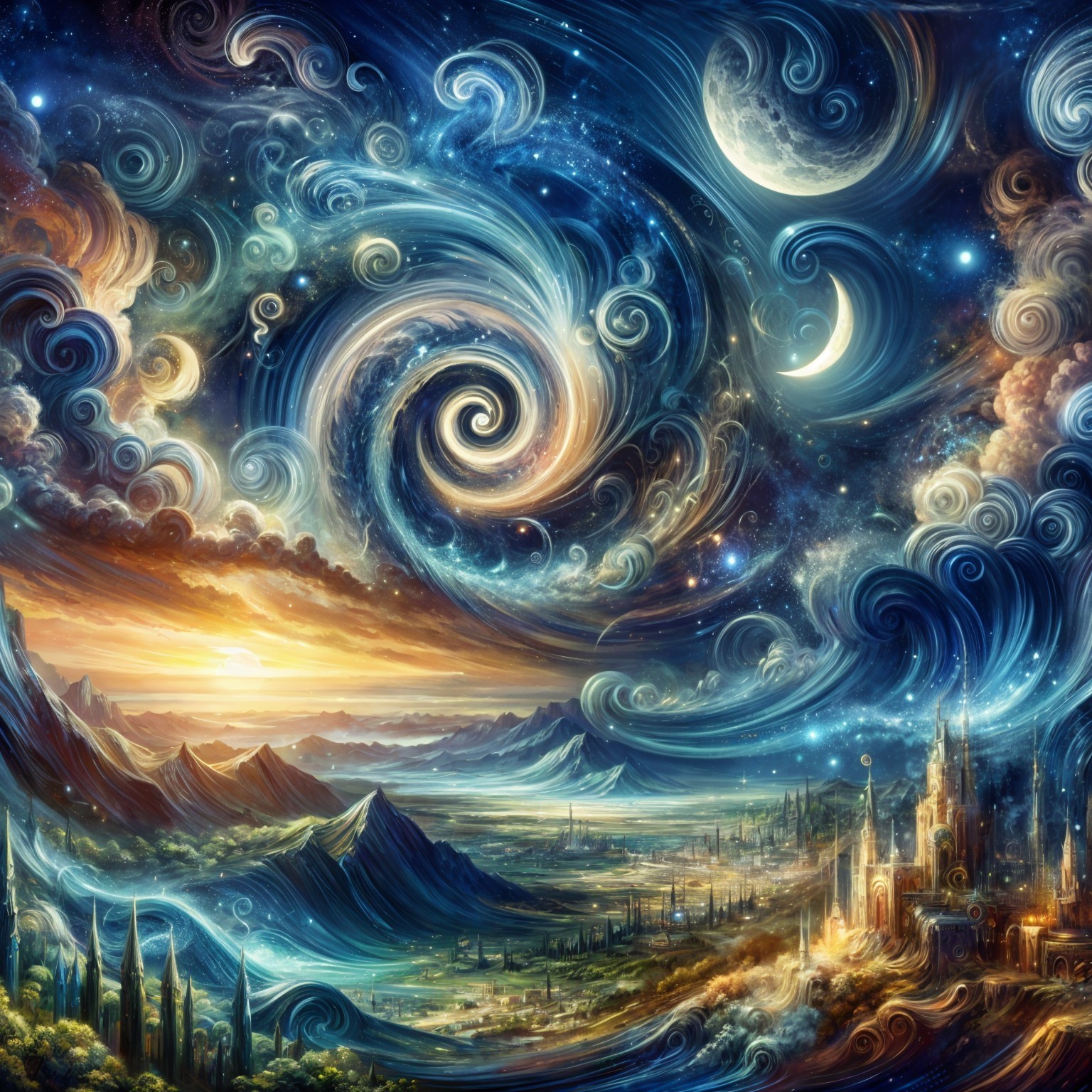 Cosmic Landscape with Galaxies and Majestic Mountains