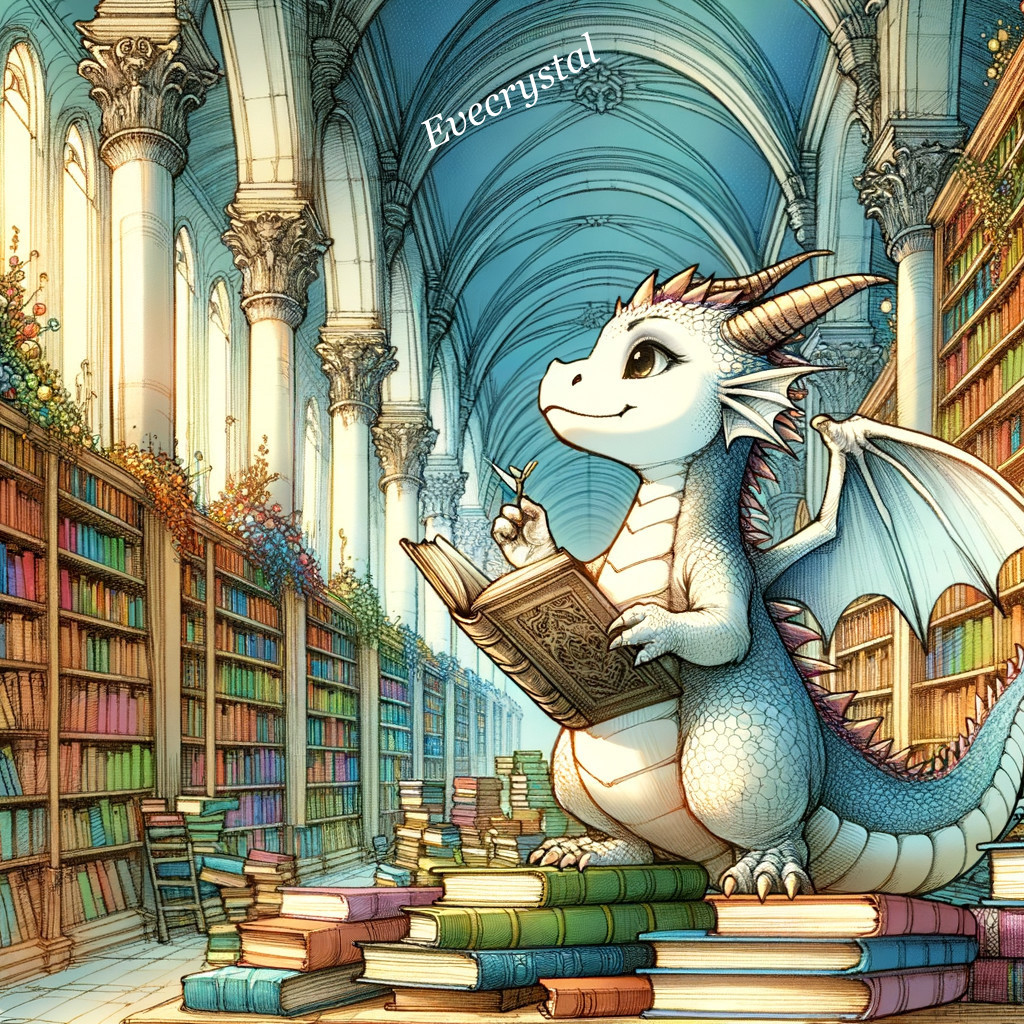 Whimsical dragon illustration in library with book pile and "Buecerysdel" text