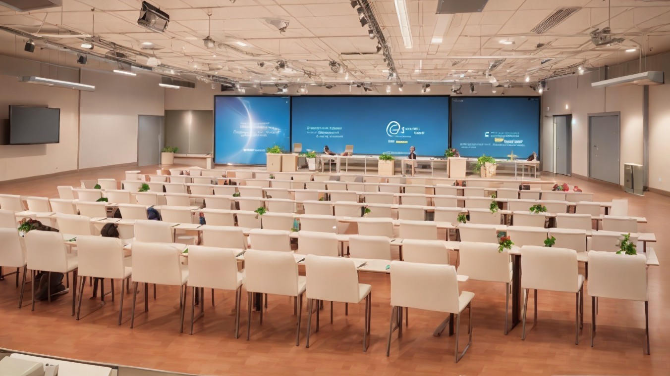 Conference Hall with White Chairs, Stage, Screens, and Corporate Branding