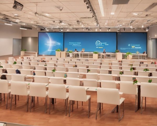 Conference Hall with White Chairs, Stage, Screens, and Corporate Branding