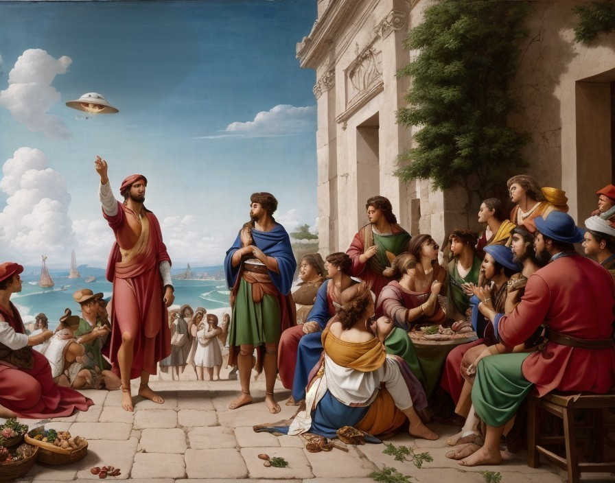 Historical group amazed by UFO in classical painting