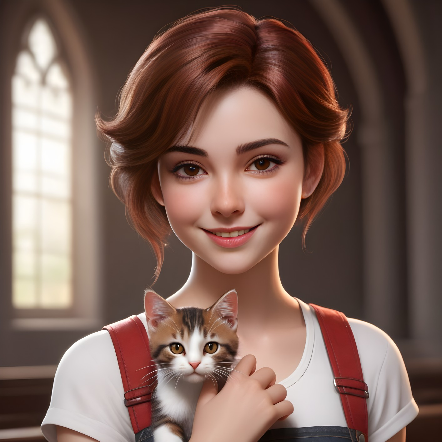 Young girl holding calico kitten in serene setting