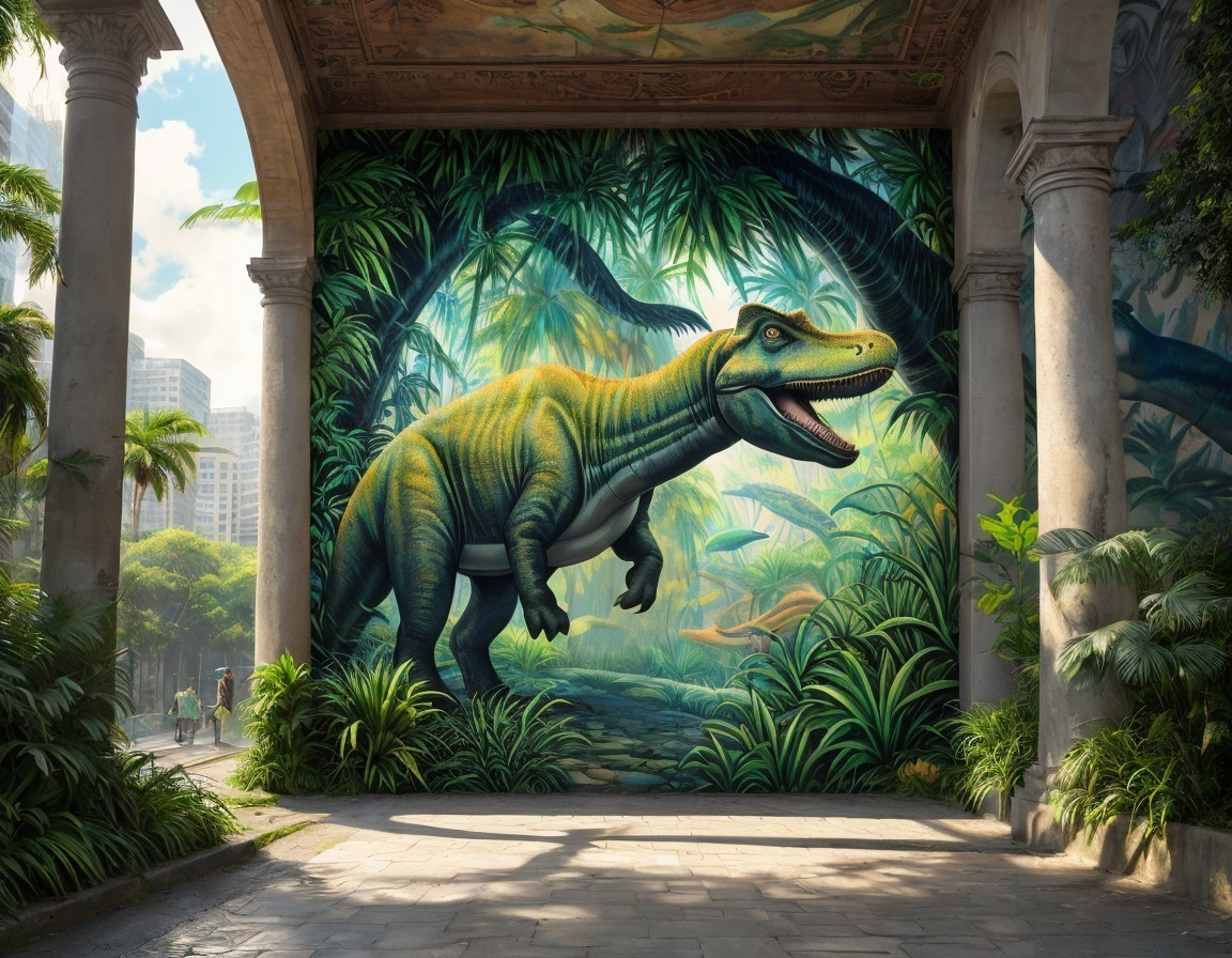 Vibrant Dinosaur Mural in Urban Tropical Setting