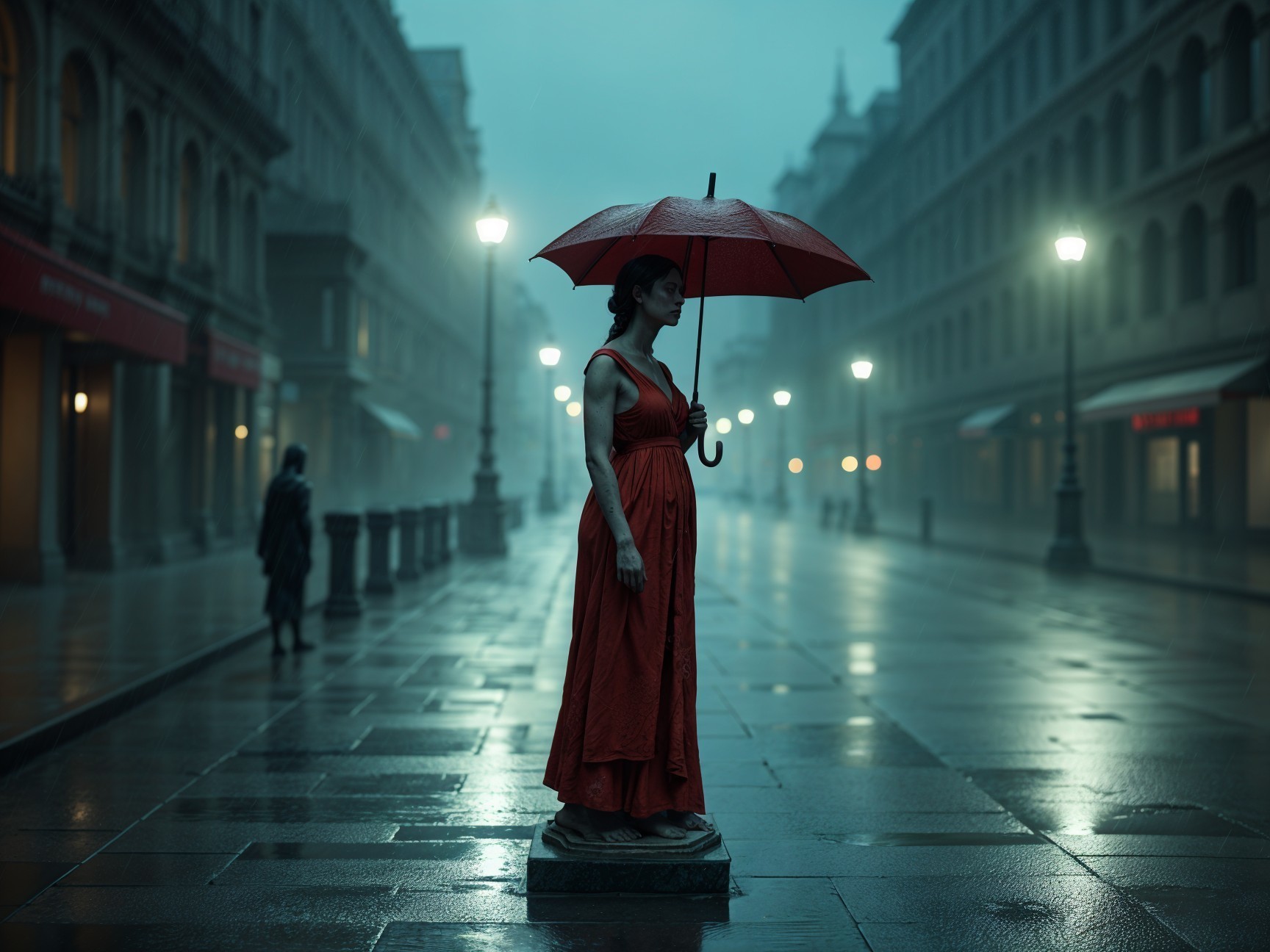 Lone Figure in Red Dress on Misty Wet Street