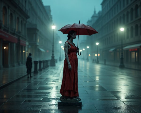 Lone Figure in Red Dress on Misty Wet Street