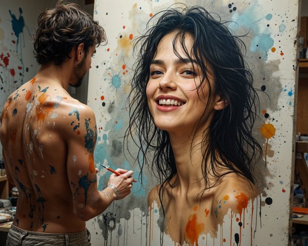 Portrait of a Smiling Woman in a Colorful Studio