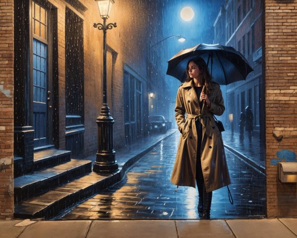 Woman in Trench Coat Observes Rainy Mural Scene