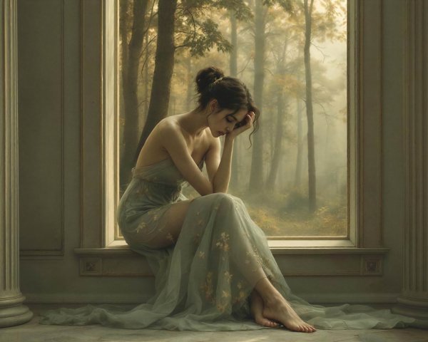 Melancholy Woman in Sage Green Gown by Window
