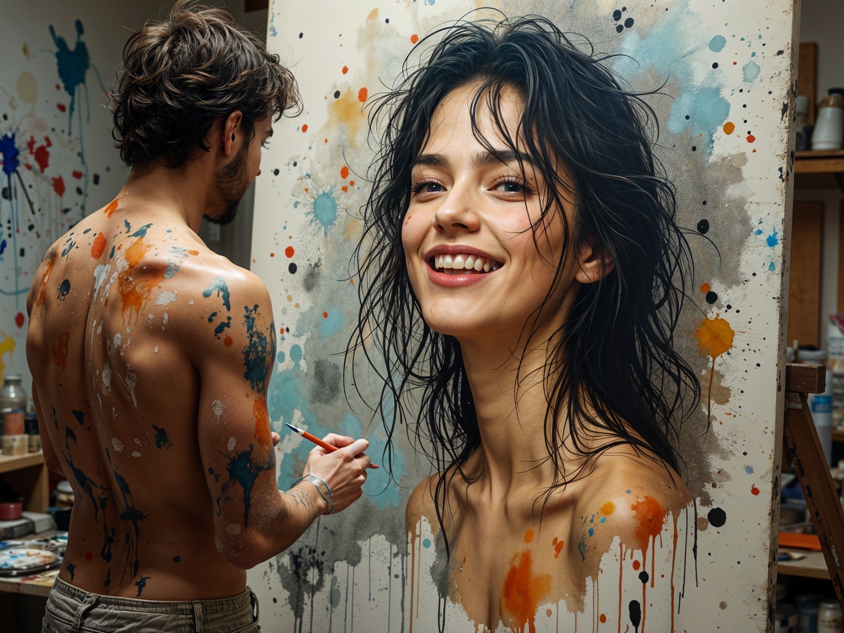 Portrait of a Smiling Woman in a Colorful Studio