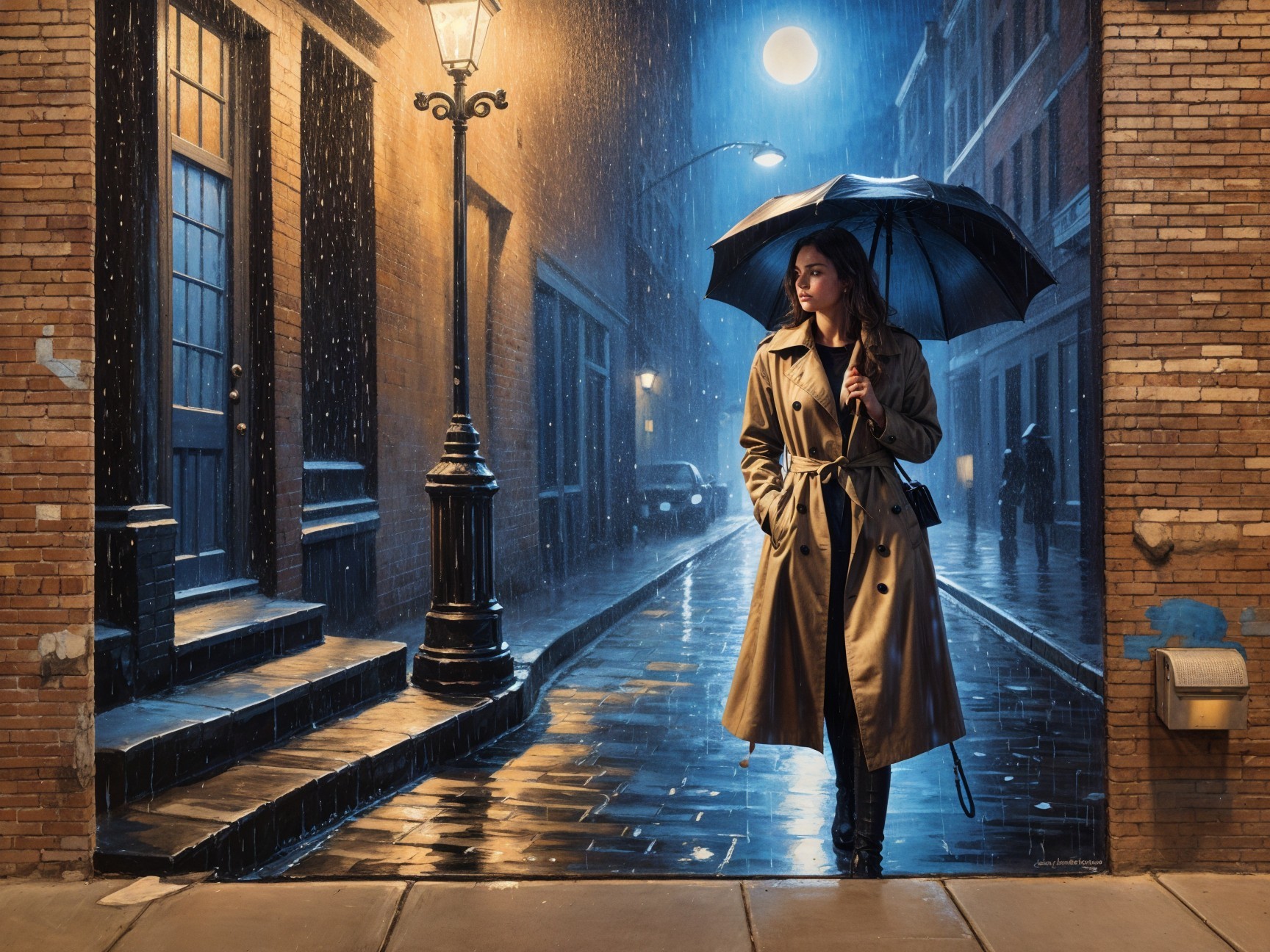 Woman in Trench Coat Observes Rainy Mural Scene