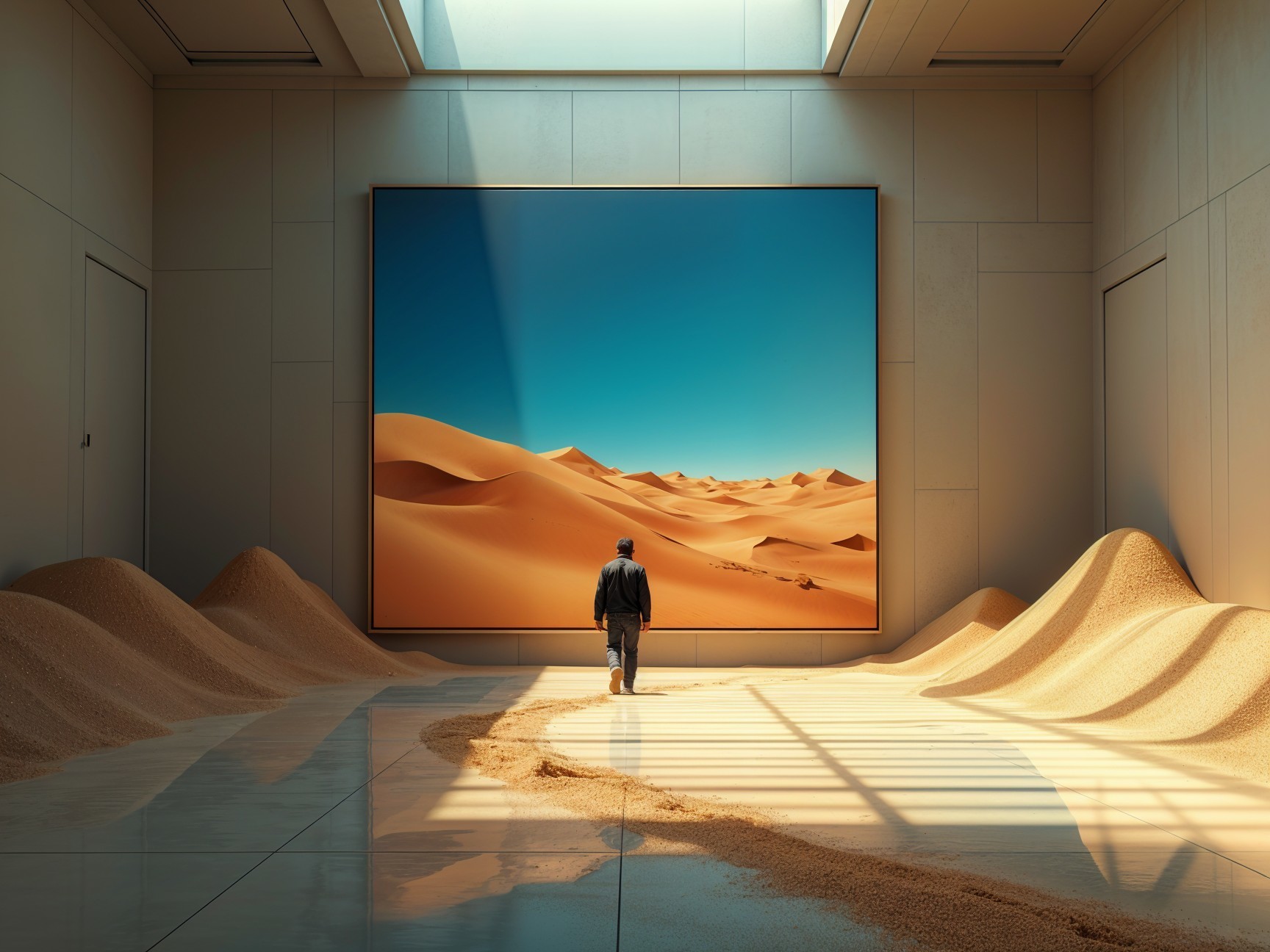 Large Painting of Sand Dunes in Modern Gallery