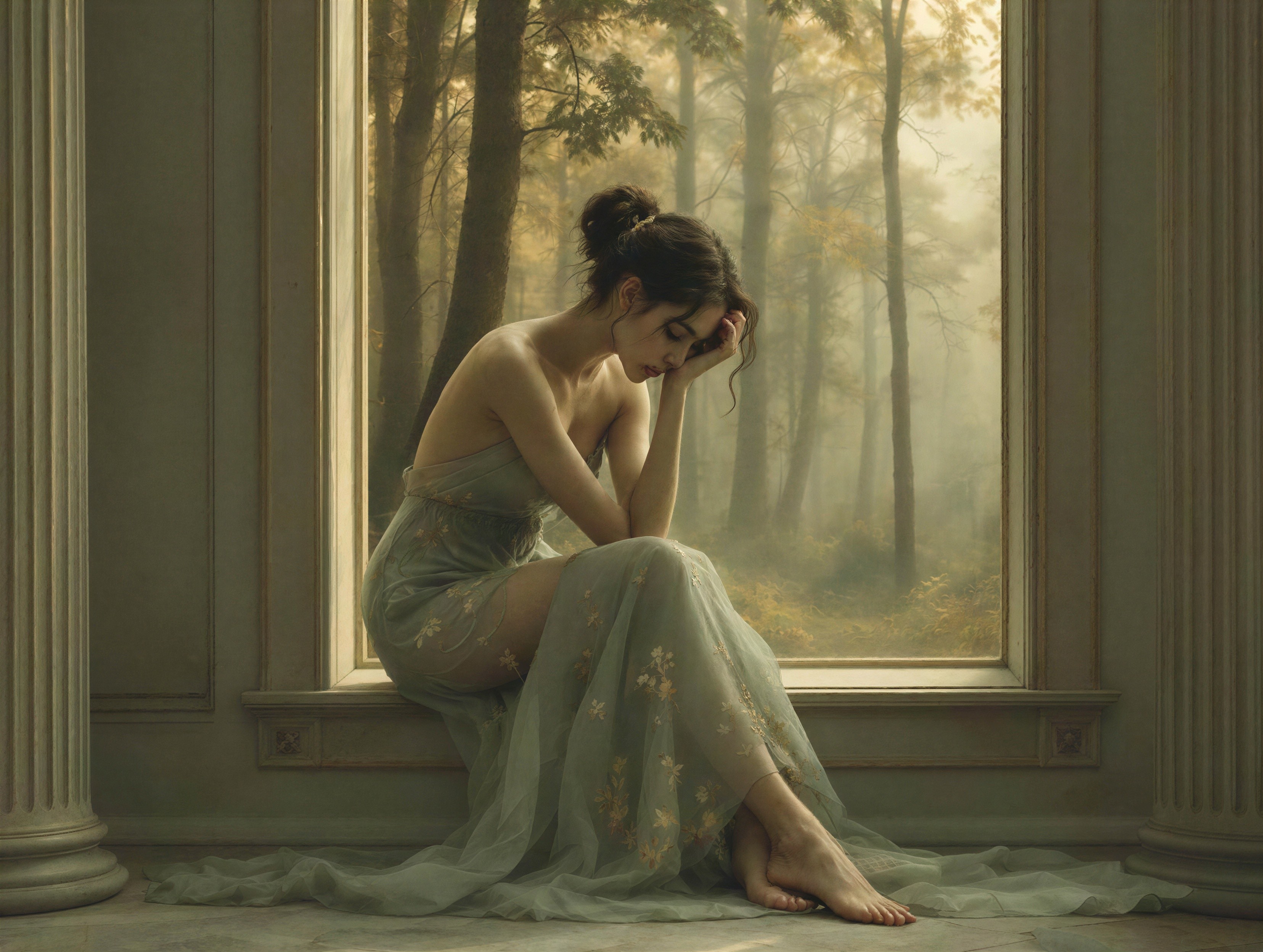 Melancholy Woman in Sage Green Gown by Window