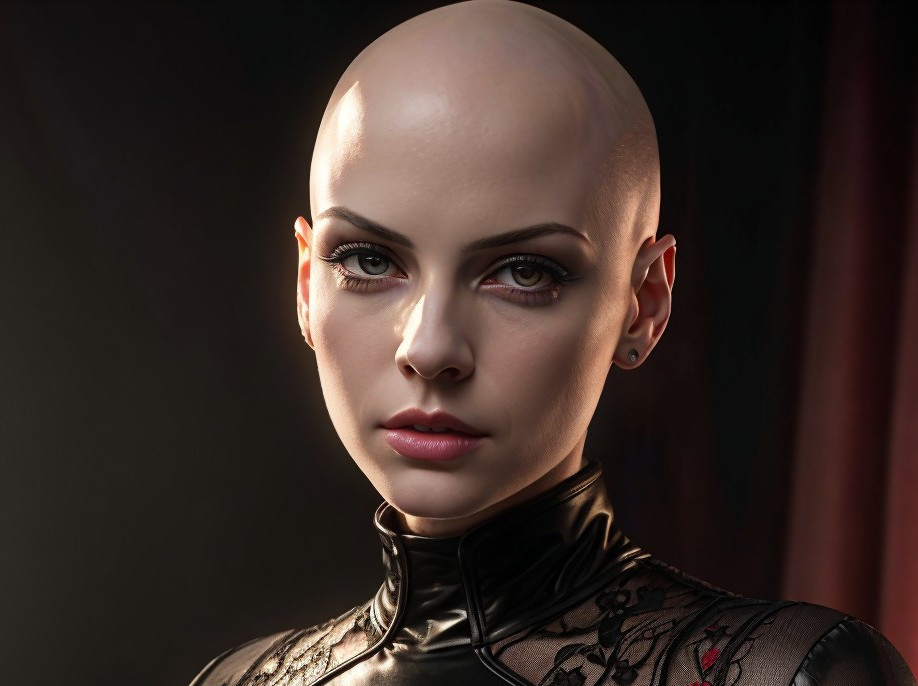 Portrait of a Bald Individual in Elegant Black Outfit