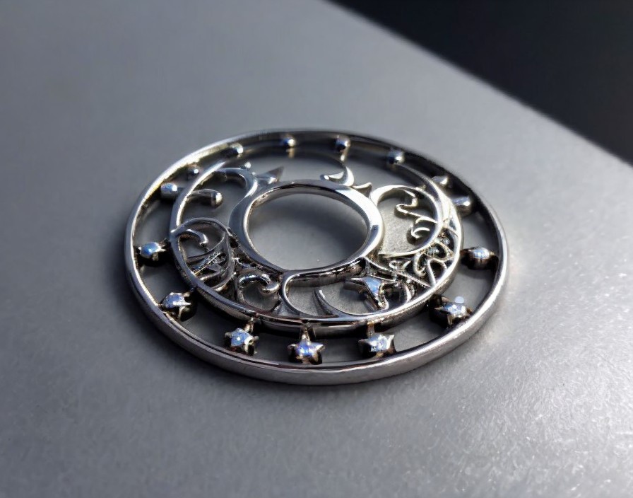 Circular Silver Pendant with Blue Gemstones on Gray Surface