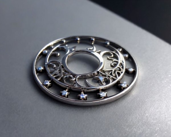 Circular Silver Pendant with Blue Gemstones on Gray Surface