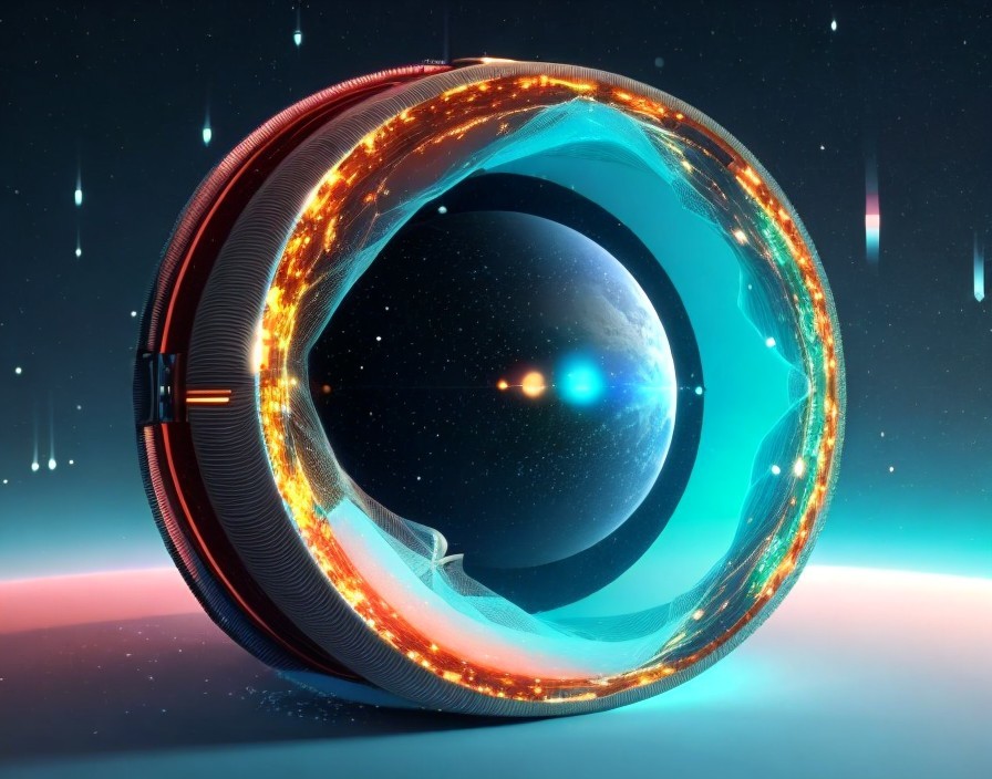 Futuristic portal with fiery orange rim and cool blue center in space setting