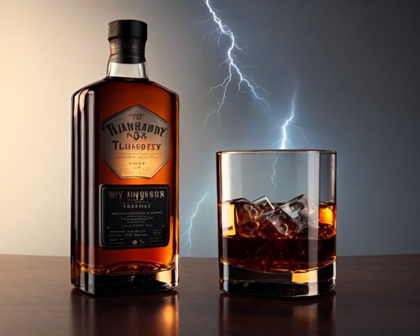 Whiskey bottle "Tinhardy Lifeblood" with glass and lightning backdrop