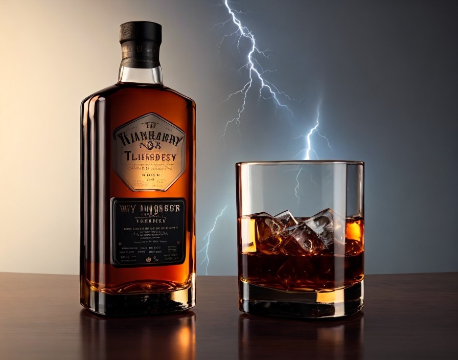 Whiskey bottle "Tinhardy Lifeblood" with glass and lightning backdrop