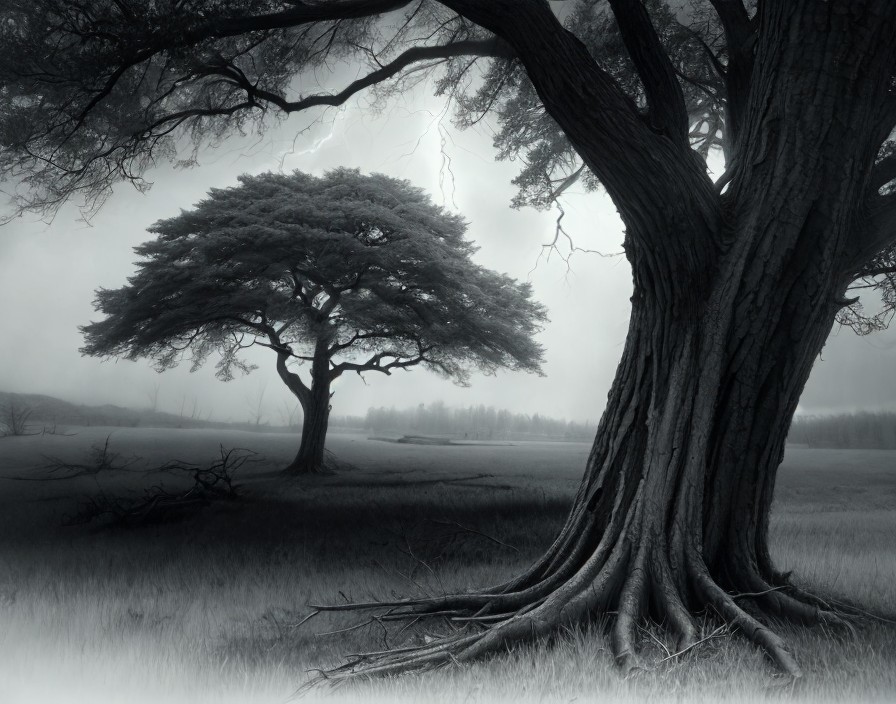 Monochrome landscape featuring twisted and solitary trees in misty field with lightning.